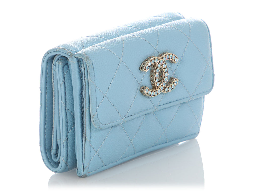 Chanel Blue Quilted Caviar Crystal Logo Compact Wallet