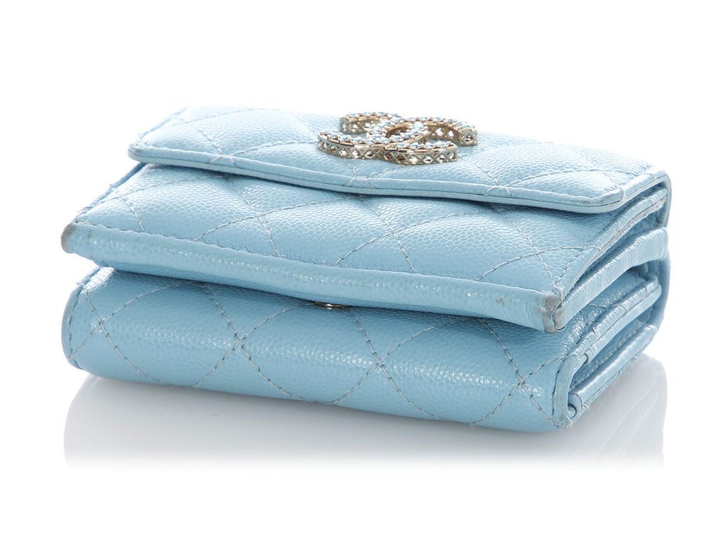 Chanel Blue Quilted Caviar Crystal Logo Compact Wallet