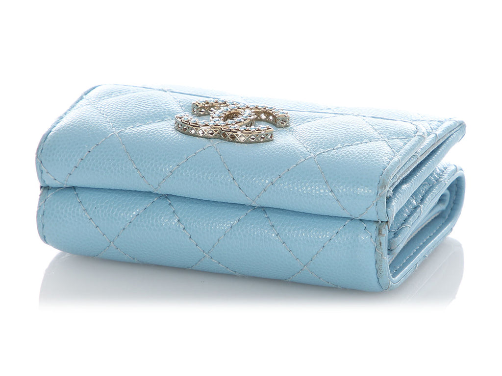 Chanel Blue Quilted Caviar Crystal Logo Compact Wallet