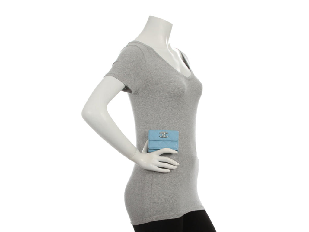 Chanel Blue Quilted Caviar Crystal Logo Compact Wallet