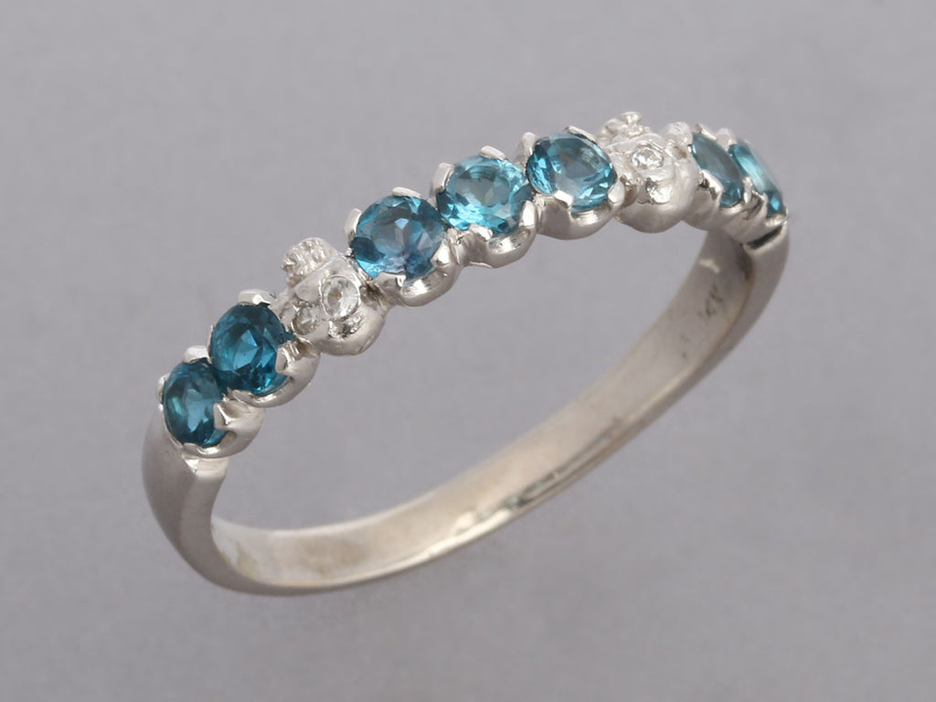 14K White Gold Blue Topaz and Diamond Tiny Skull Band