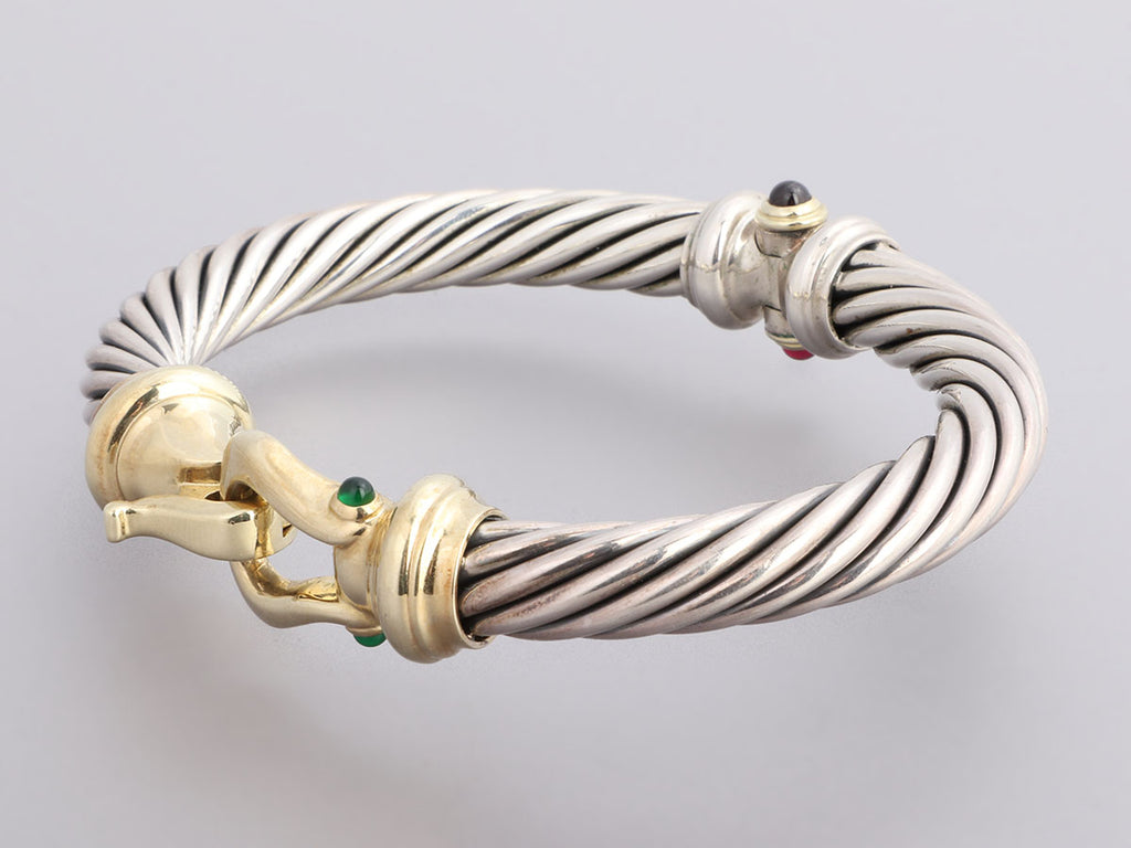 David Yurman Vintage Two-Tone Rhodolite Garnet and Emerald Buckle Cable Bracelet 10mm