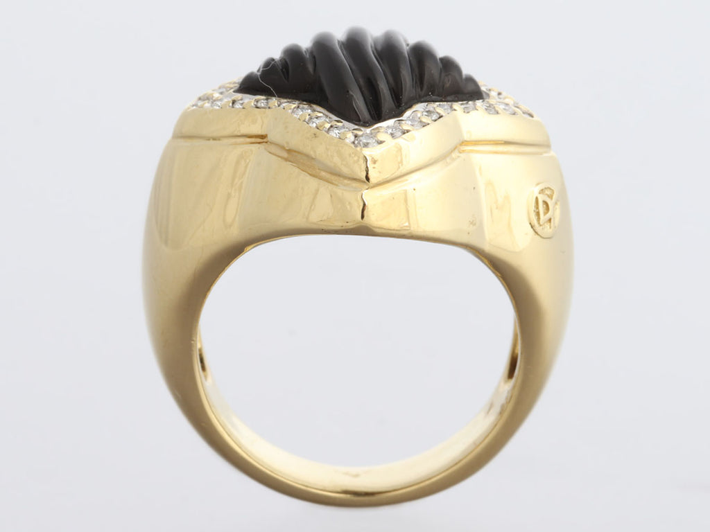 David Yurman 18K Yellow Gold Black Onyx and Diamond Quatrefoil Ring