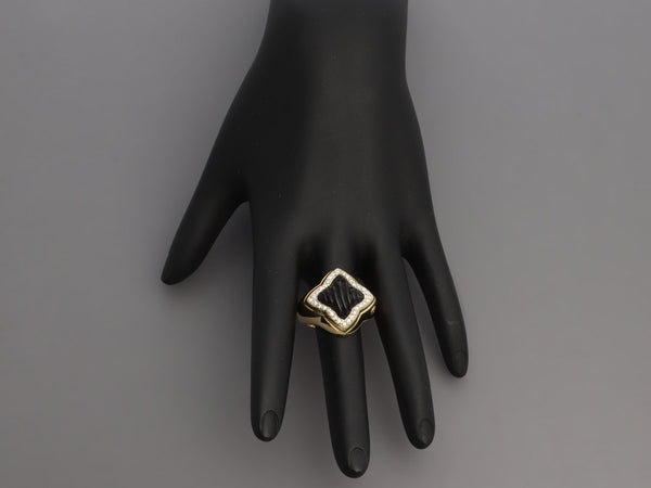 David Yurman 18K Yellow Gold Black Onyx and Diamond Quatrefoil Ring