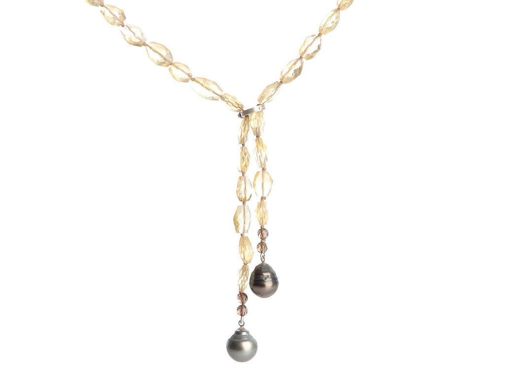 Sterling Silver Faceted Citrine and South Sea Pearl Lariat Necklace