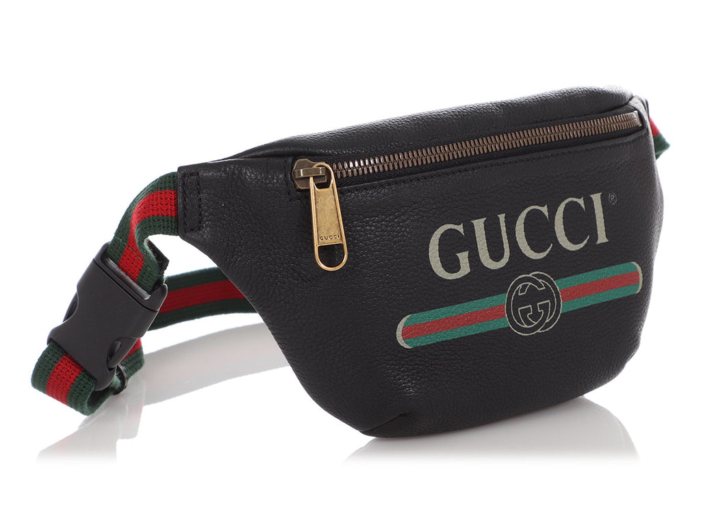 Gucci Black Grained Leather Logo Print Web Belt Bag