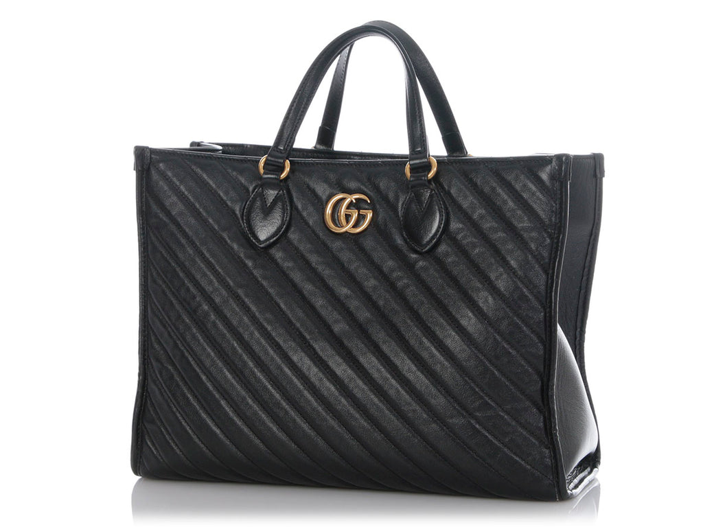Gucci Black Matelassé Diagonal GG Marmont Tote
