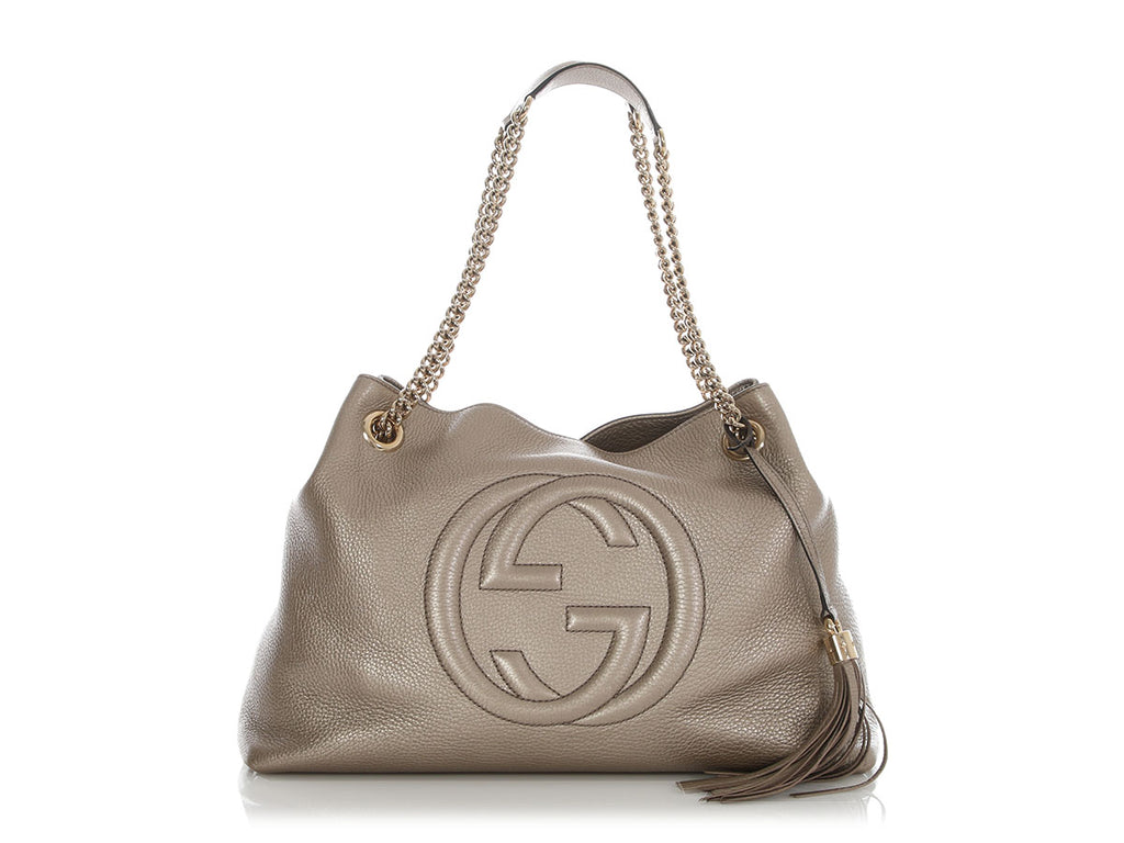 Gucci Metallic Champagne Pebbled Calfskin Soho Shoulder Bag
