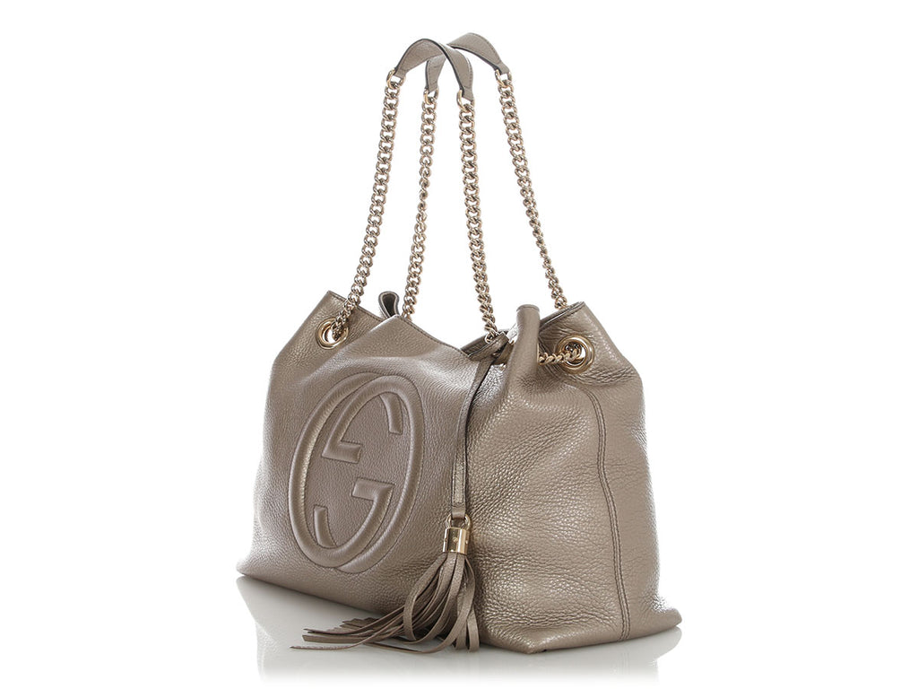 Gucci Metallic Champagne Pebbled Calfskin Soho Shoulder Bag