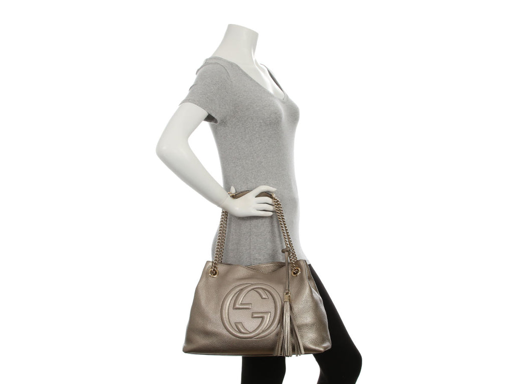 Gucci Metallic Champagne Pebbled Calfskin Soho Shoulder Bag
