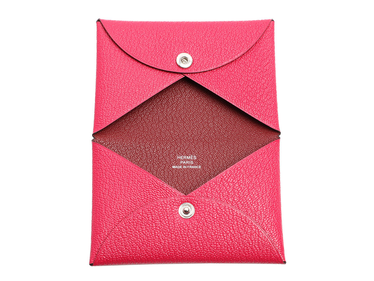 Hermès Framboise and Rouge Chèvre Calvi Card Case - Ann's Fabulous Closeouts