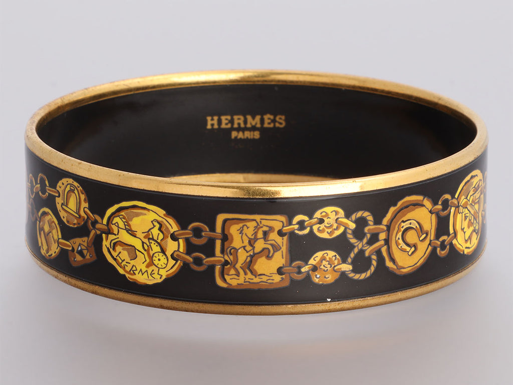 Hermès Wide Black and Gold Enamel Bangle