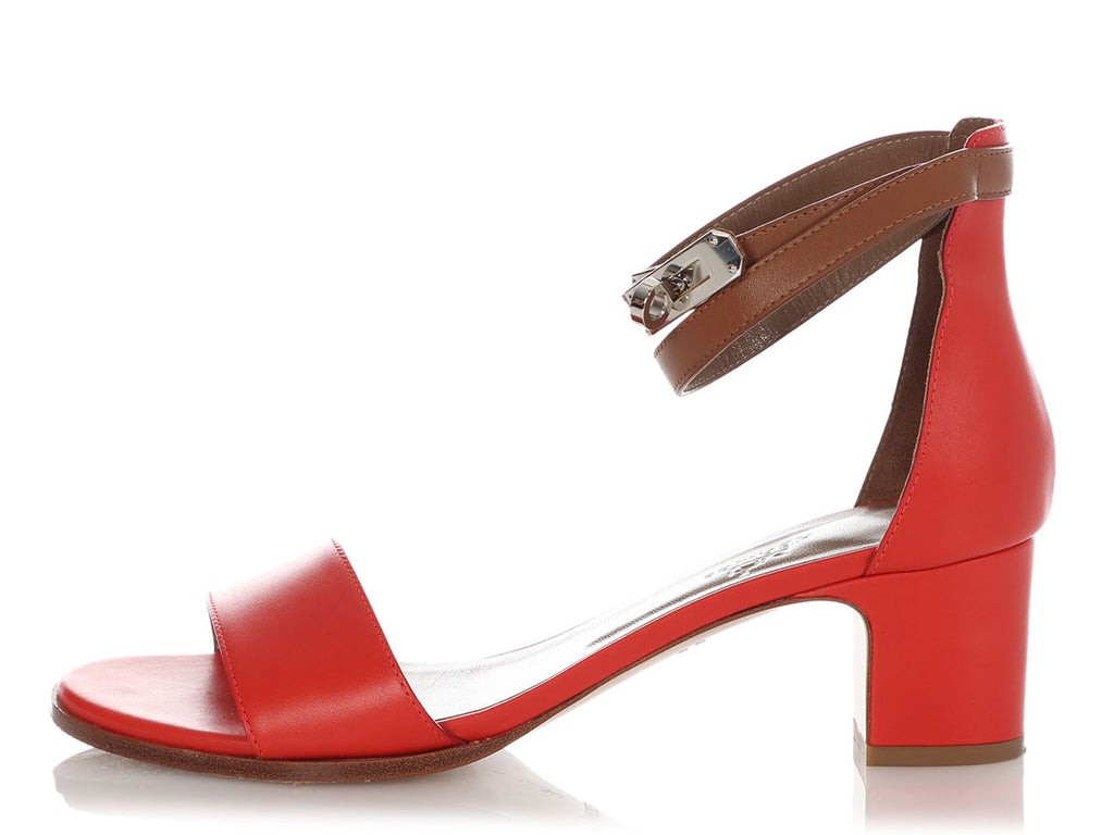 Hermès Red and Brown Manege Ankle Wrap Sandals