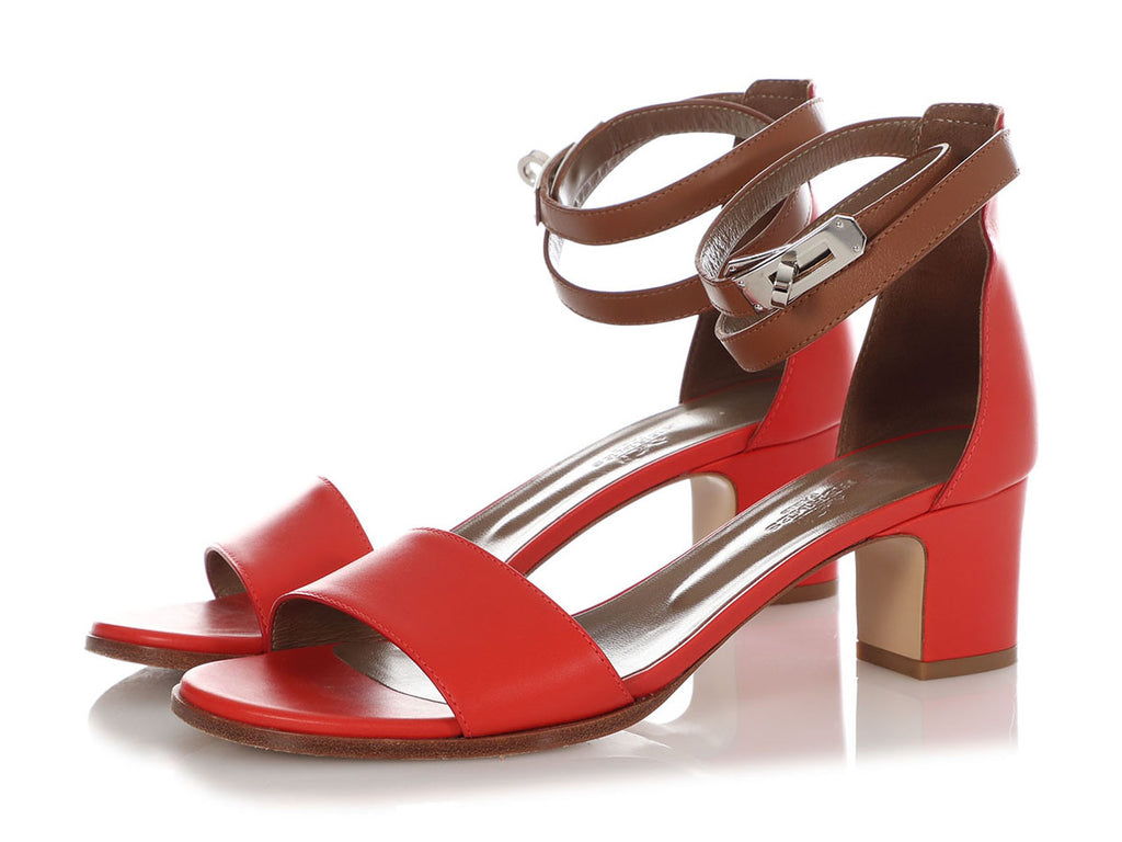 Hermès Red and Brown Manege Ankle Wrap Sandals