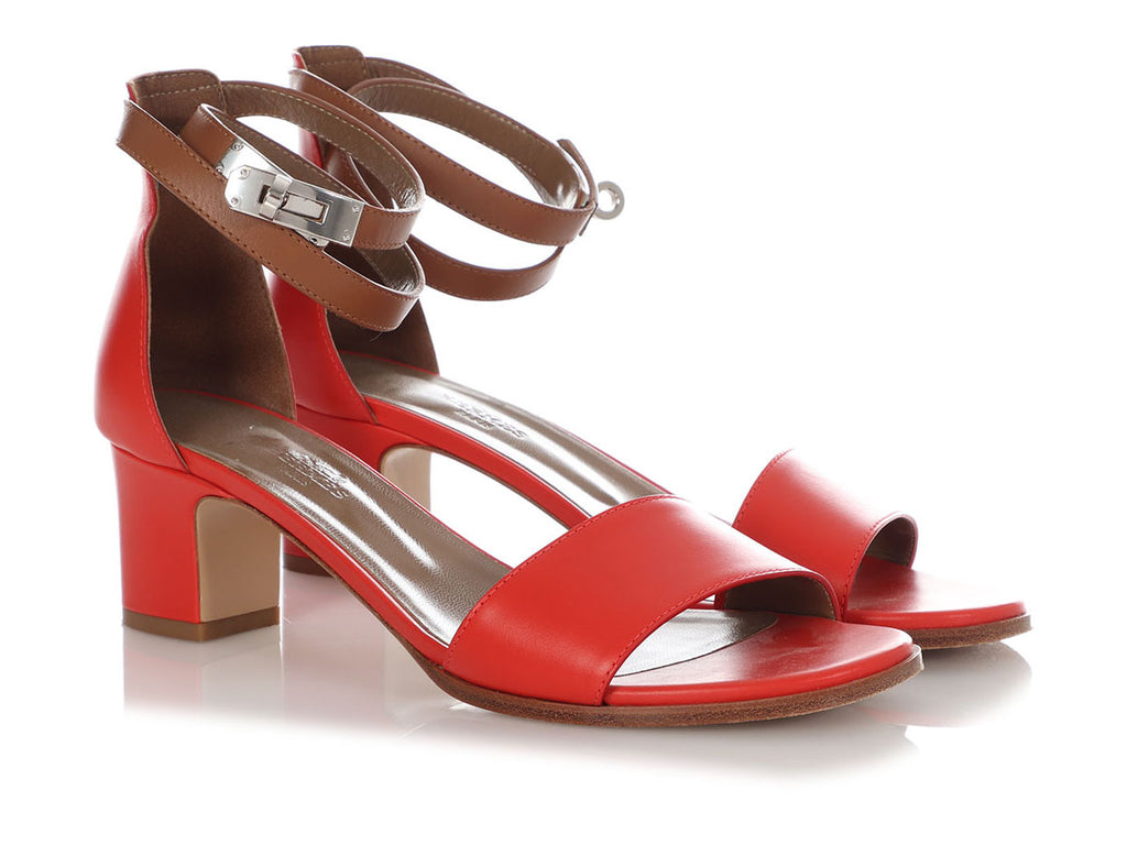 Hermès Red and Brown Manege Ankle Wrap Sandals