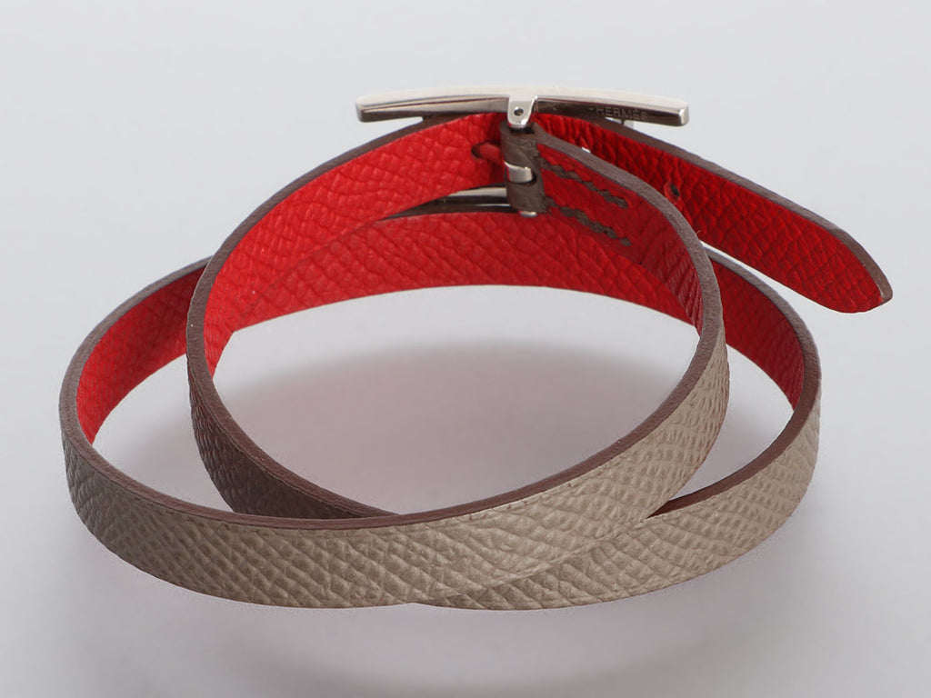 Hermès Gray and Red Epsom Behapi Double Tour Bracelet