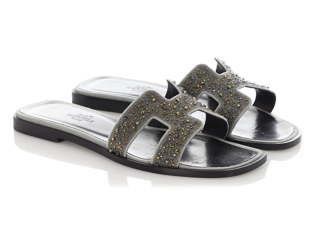 Hermès Gray Crystal Studded Oran Sandals