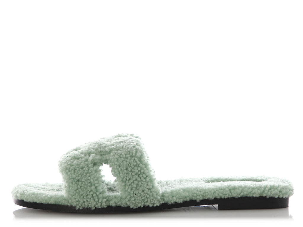 Hermès Vert d’Eau Woolskin Oran Sandals