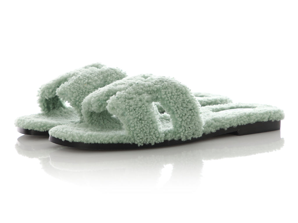 Hermès Vert d’Eau Woolskin Oran Sandals