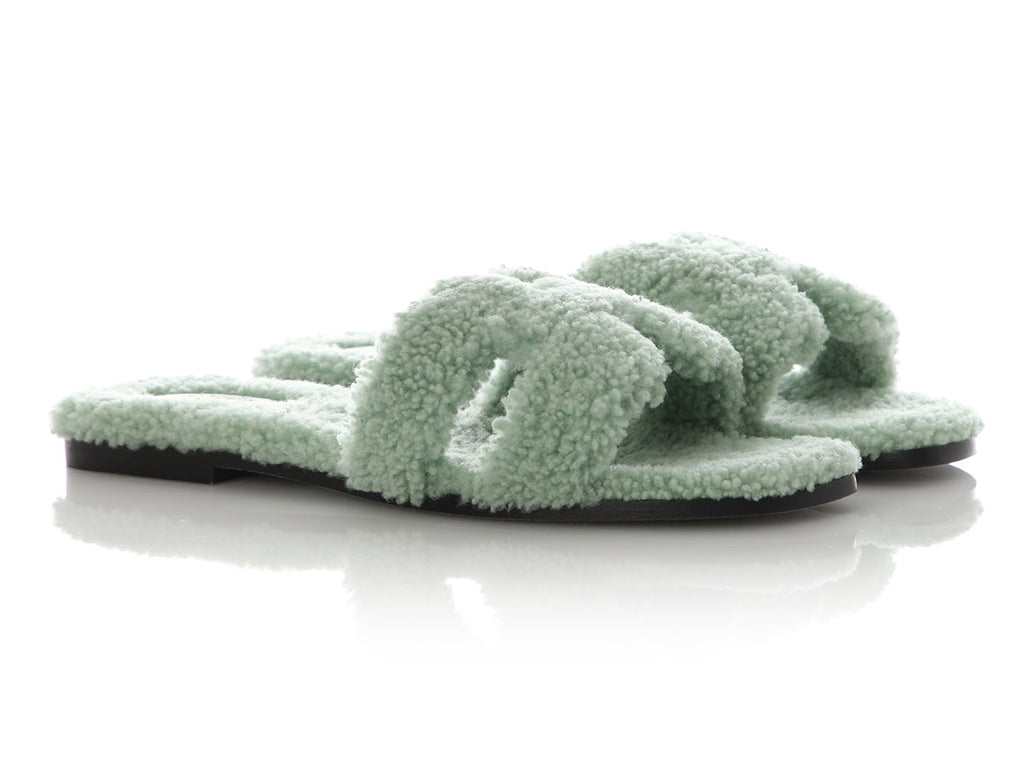 Hermès Vert d’Eau Woolskin Oran Sandals