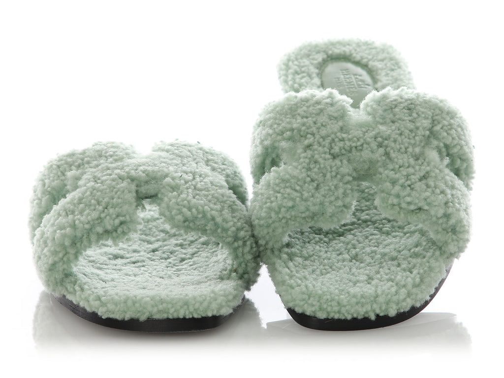 Hermès Vert d’Eau Woolskin Oran Sandals