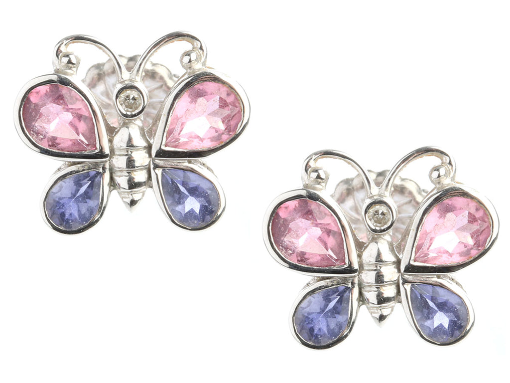 14K White Gold Pink Tourmaline and Iolite Butterfly Earrings