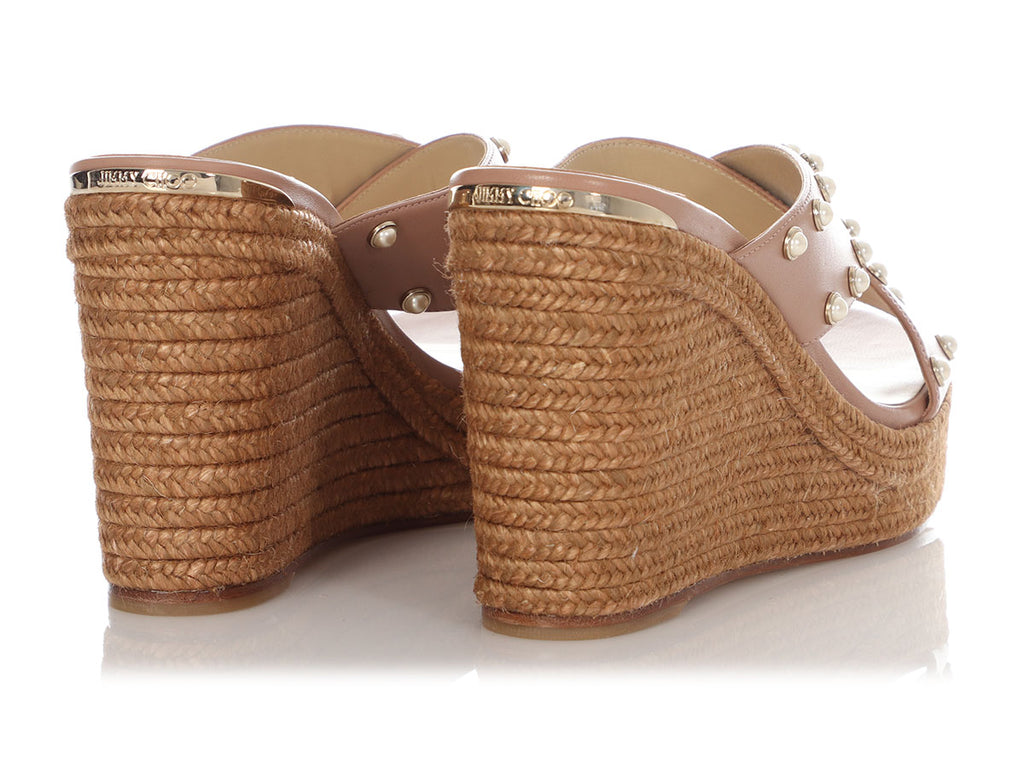 Jimmy Choo Ballet Pink Pearl Stud Jute Wedges