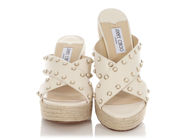 Jimmy Choo White Pearl Crossover Wedge Espadrilles