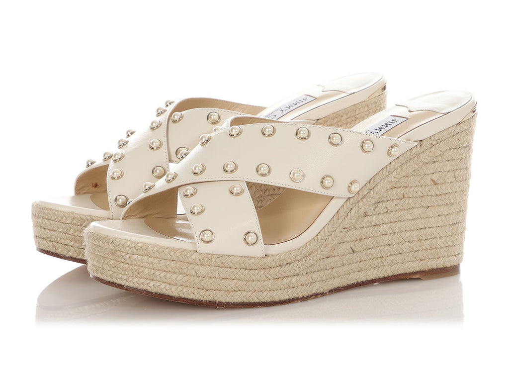 Jimmy Choo White Pearl Crossover Wedge Espadrilles