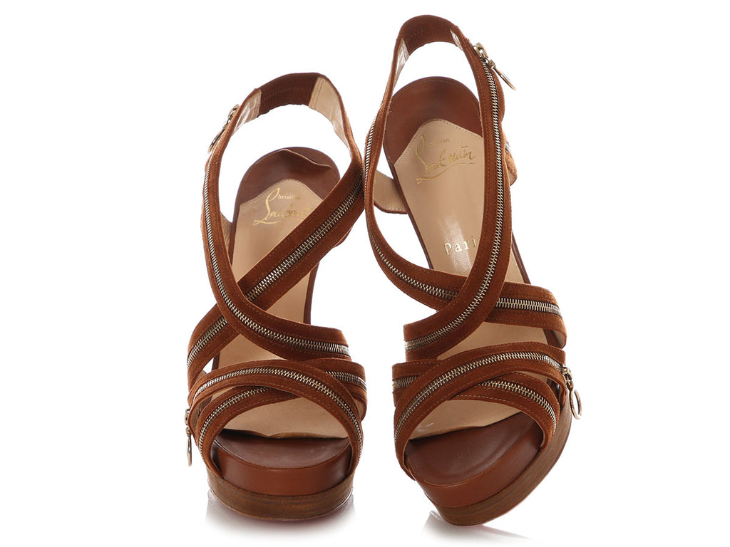 Christian Louboutin Cognac Suede Trailer 140 Zipper Heels