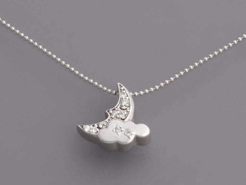 Alex Woo 14K White Gold Diamond Moon and Cloud Pendant Necklace