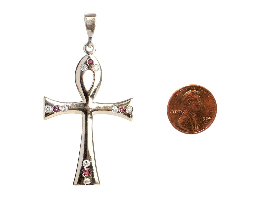 14K White Gold Ruby and Diamond Ankh Pendant