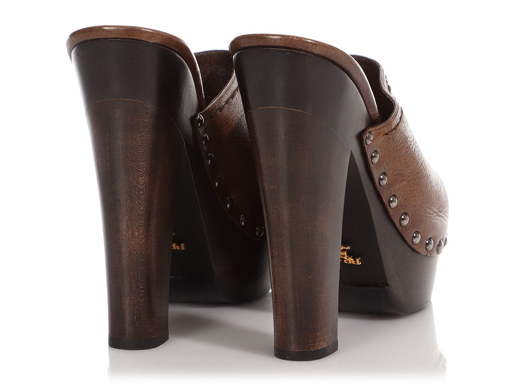 Prada Leather and Wood Platform Peep Toe Clogs