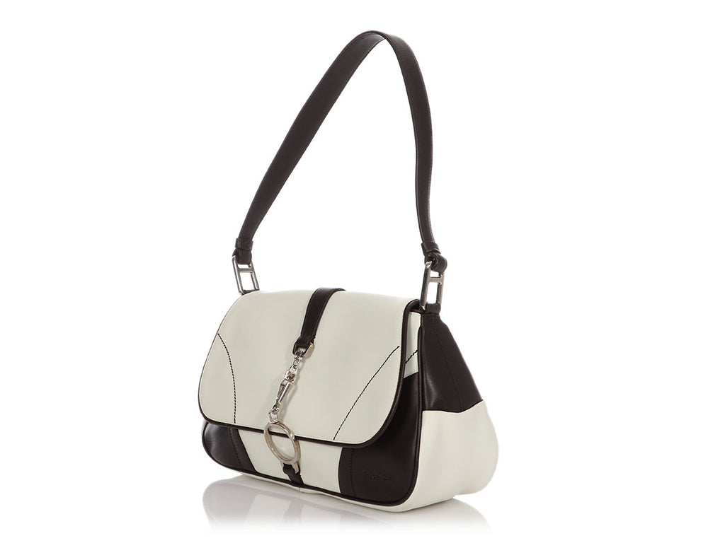 Prada White and Brown Vitello Soft Shoulder Bag
