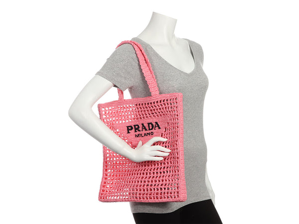 Prada Pink Raffia Crochet Tote