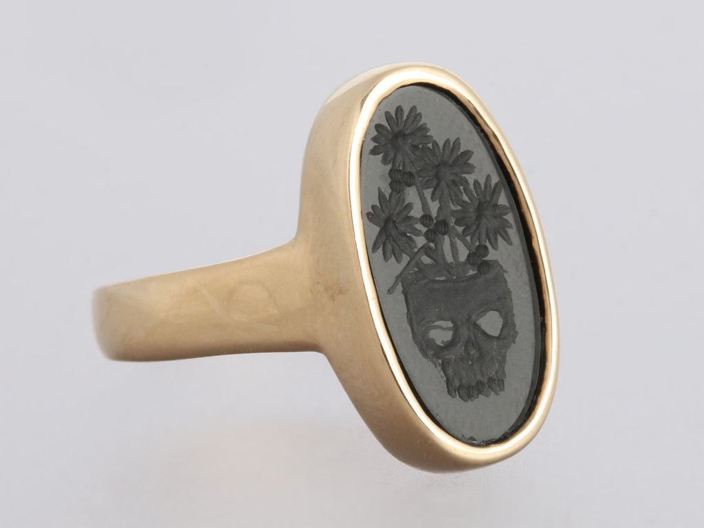 14K Yellow Gold Onyx Skull Intaglio Signet Ring