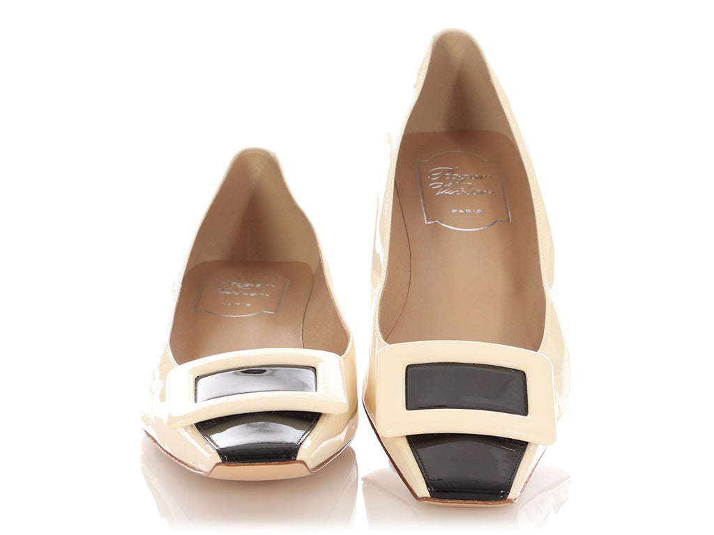 Roger Viver Cream and Black Patent Buckle Flats