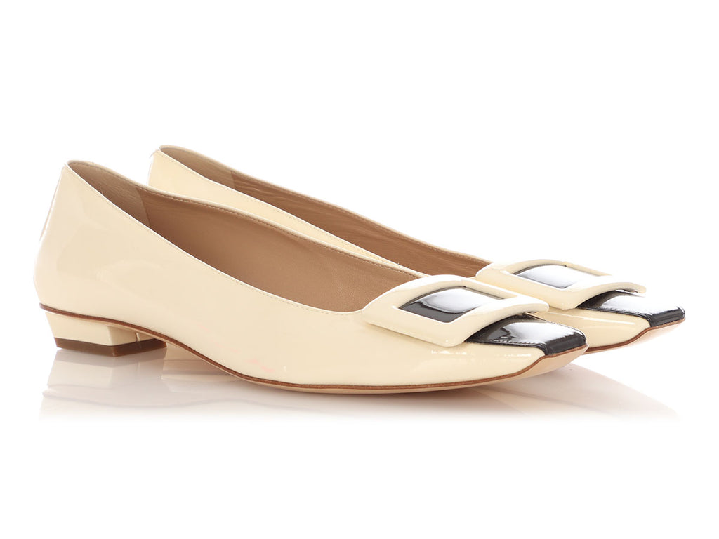 Roger Viver Cream and Black Patent Buckle Flats