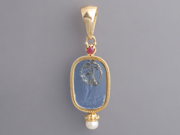 Tagliamonte 18K Yellow Gold Blue Venetian Glass Cameo Intaglio Athena Pendant