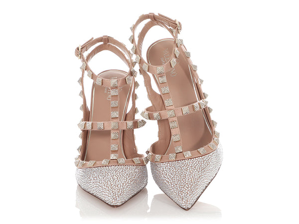 Valentino Champagne Silk Crystal Studded Rockstud T-Strap Pumps