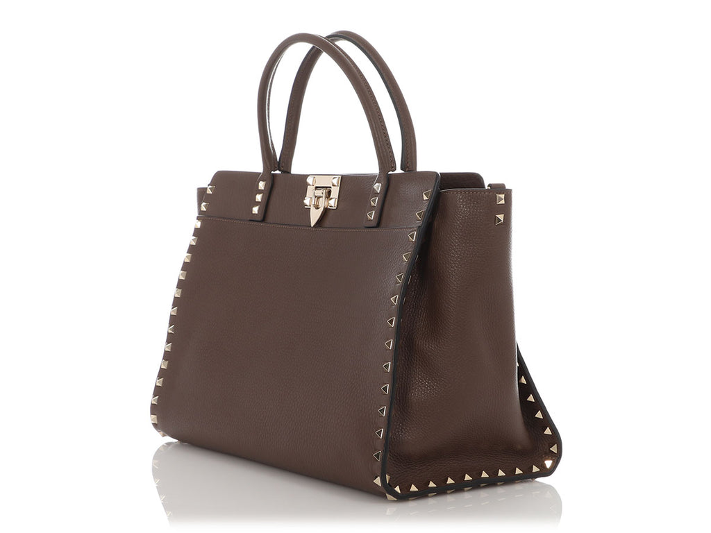 Valentino Medium Brown Rockstud Leather Tote