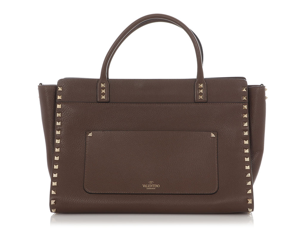 Valentino Medium Brown Rockstud Leather Tote