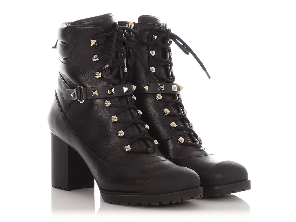 Valentino Black Rockstud Accented Combat Ankle Boots