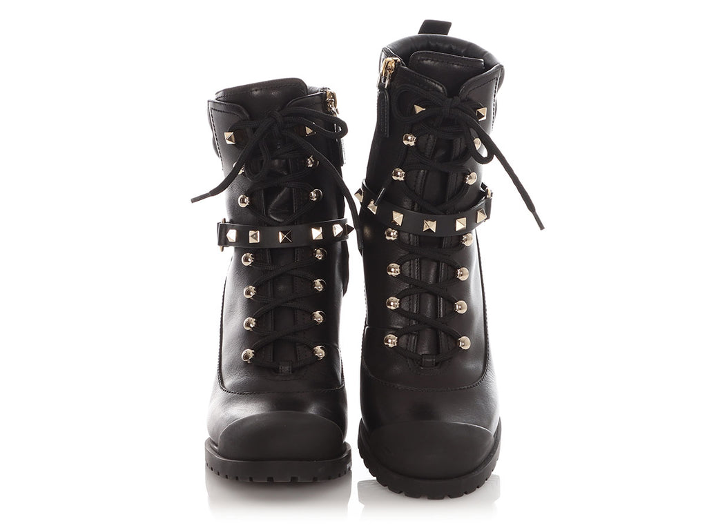 Valentino Black Rockstud Accented Combat Ankle Boots