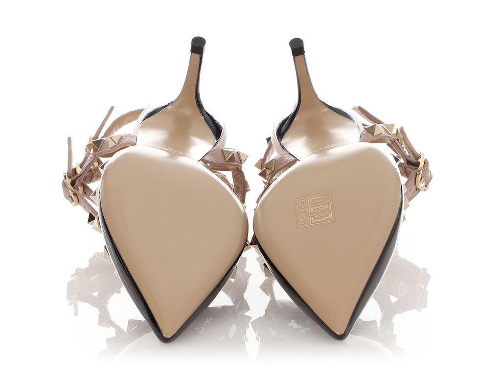 Valentino Black Patent and Taupe Rockstud T-Strap Sandals