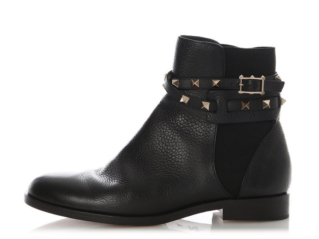 Valentino Black Grained Leather Double Strap Rockstud Ankle Boots