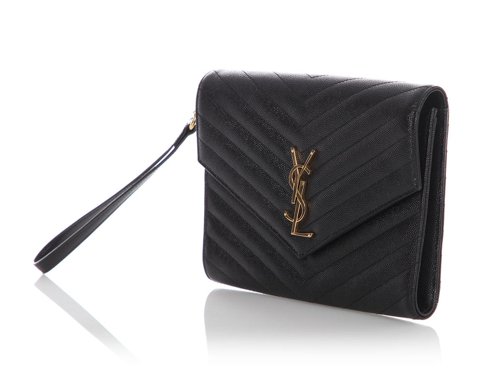 Saint Laurent Black Grain De Poudre Cassandre Matelassé Flap Pouch