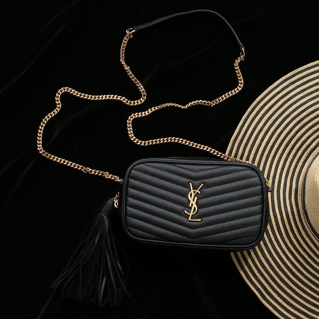 Saint Laurent Mini Black Grain De Poudre Matelassé Monogram Lou Camera Bag