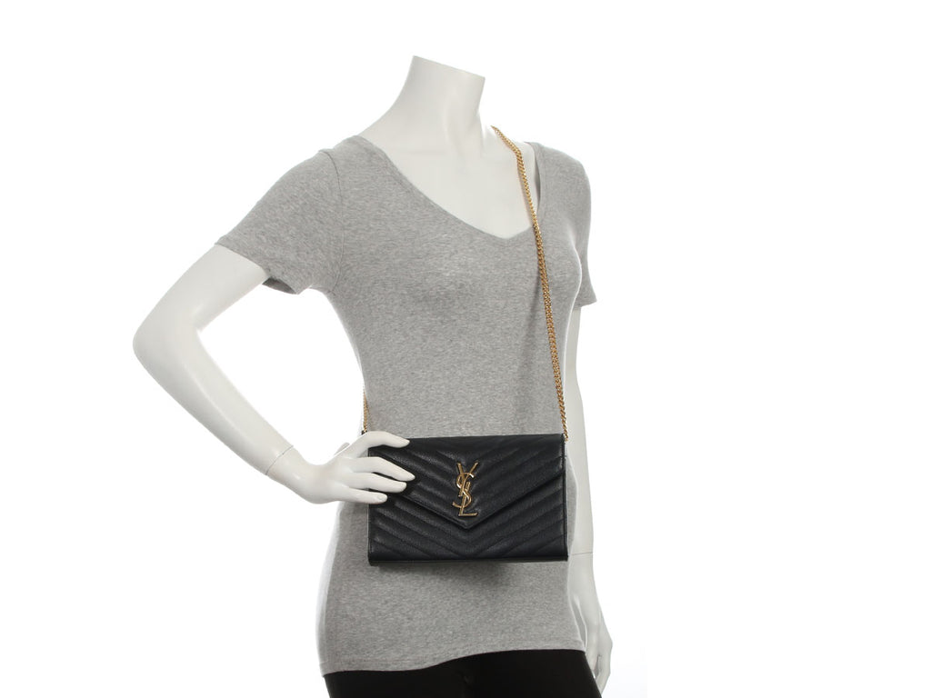 Saint Laurent Large Black Chevron Grain de Poudre Wallet on Chain