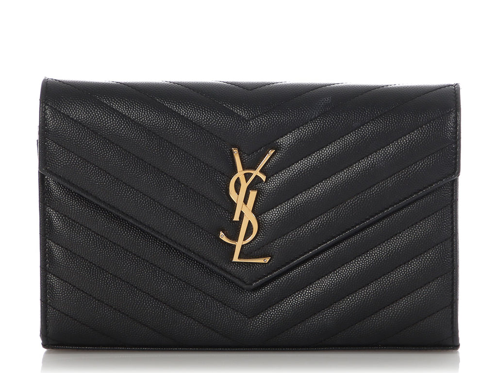 Saint Laurent Large Black Chevron Grain de Poudre Wallet on Chain